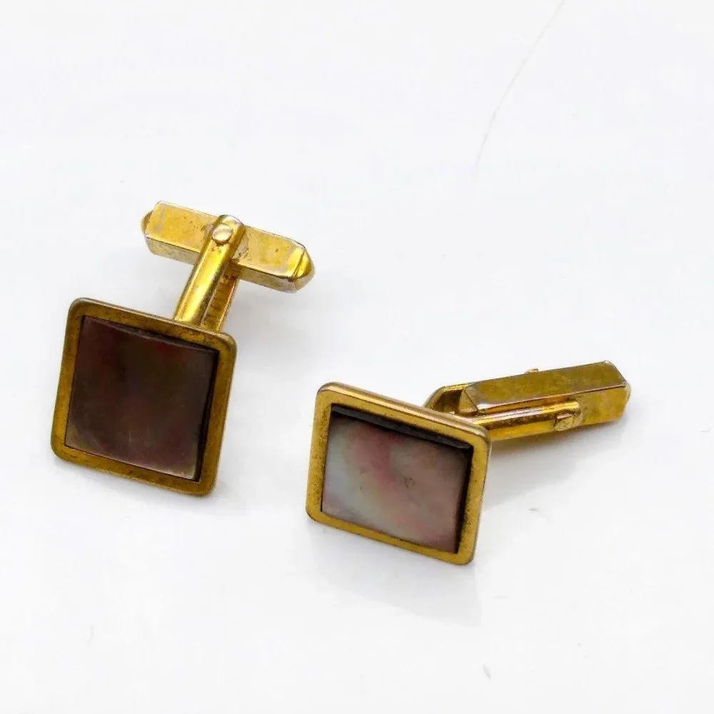 Gold Plated Swank Abalone Cuff Links, Vintage Mens Accessory, 1940s MOP Cufflink